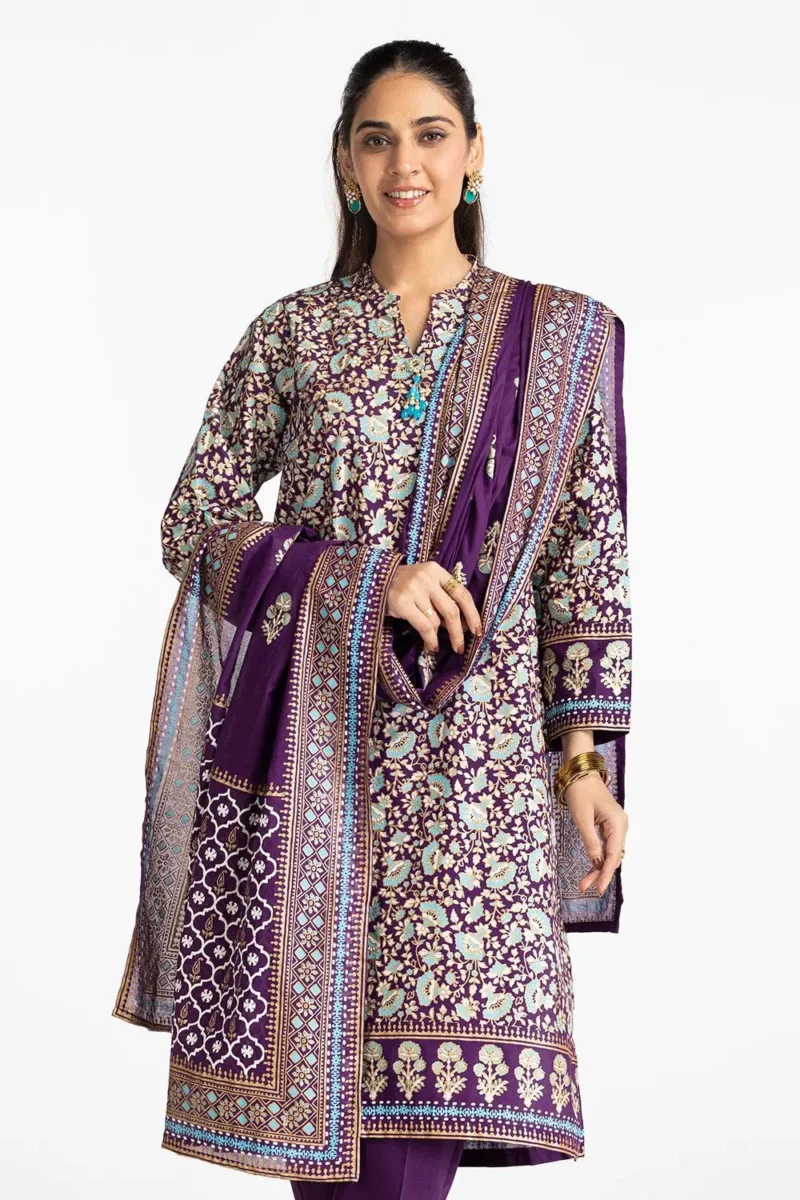 3 Piece Lawn Gold And Lacquer Printed Suit IUSTKSD-288 - Image 2